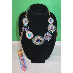 Vintage Jeweled Gemstone And Rhinestone Bib Necklace Costume Jewelry